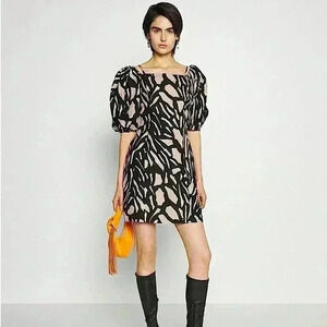 DKNY Cocktail Party Mini Dress Woman’s Size S Black Brown Print Linen Viscose